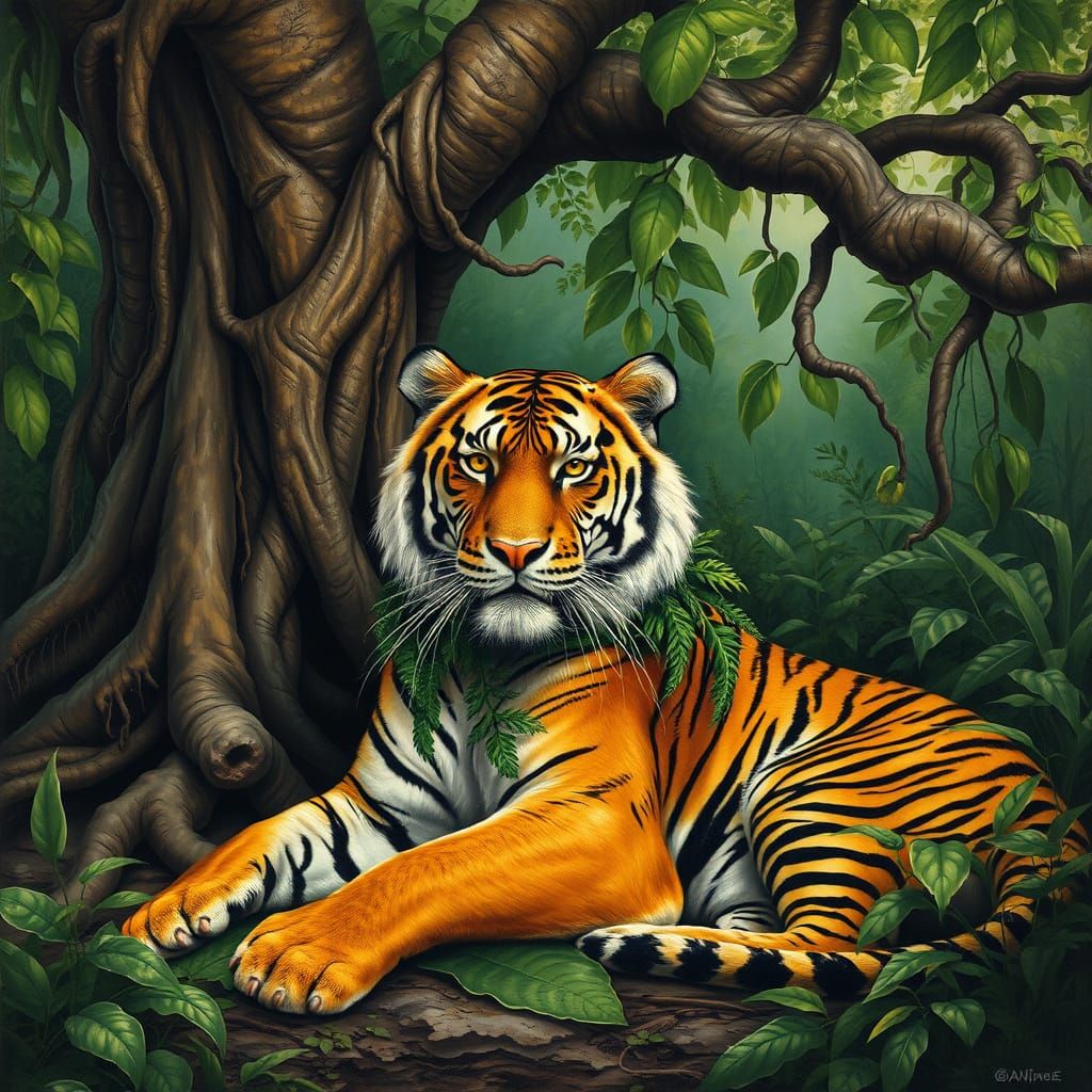 Majestic Tiger in Jungle, Realistic Wildlife Painting