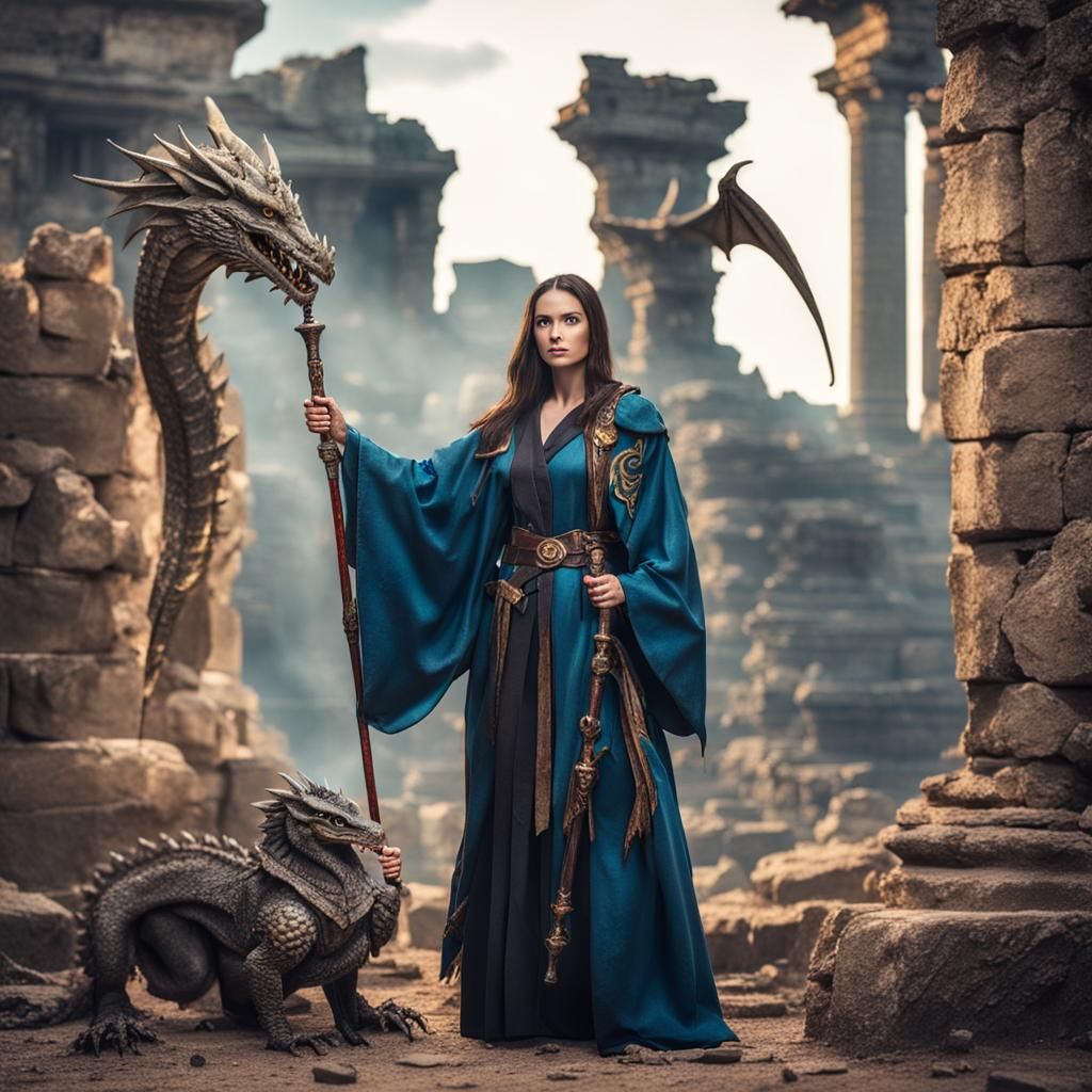 Wizard Woman with Dragon in Ancient Ruins