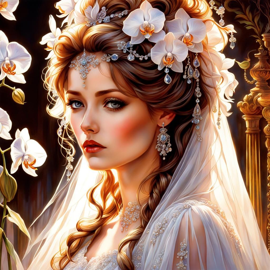 Bride with Orchids in Anime Art Style