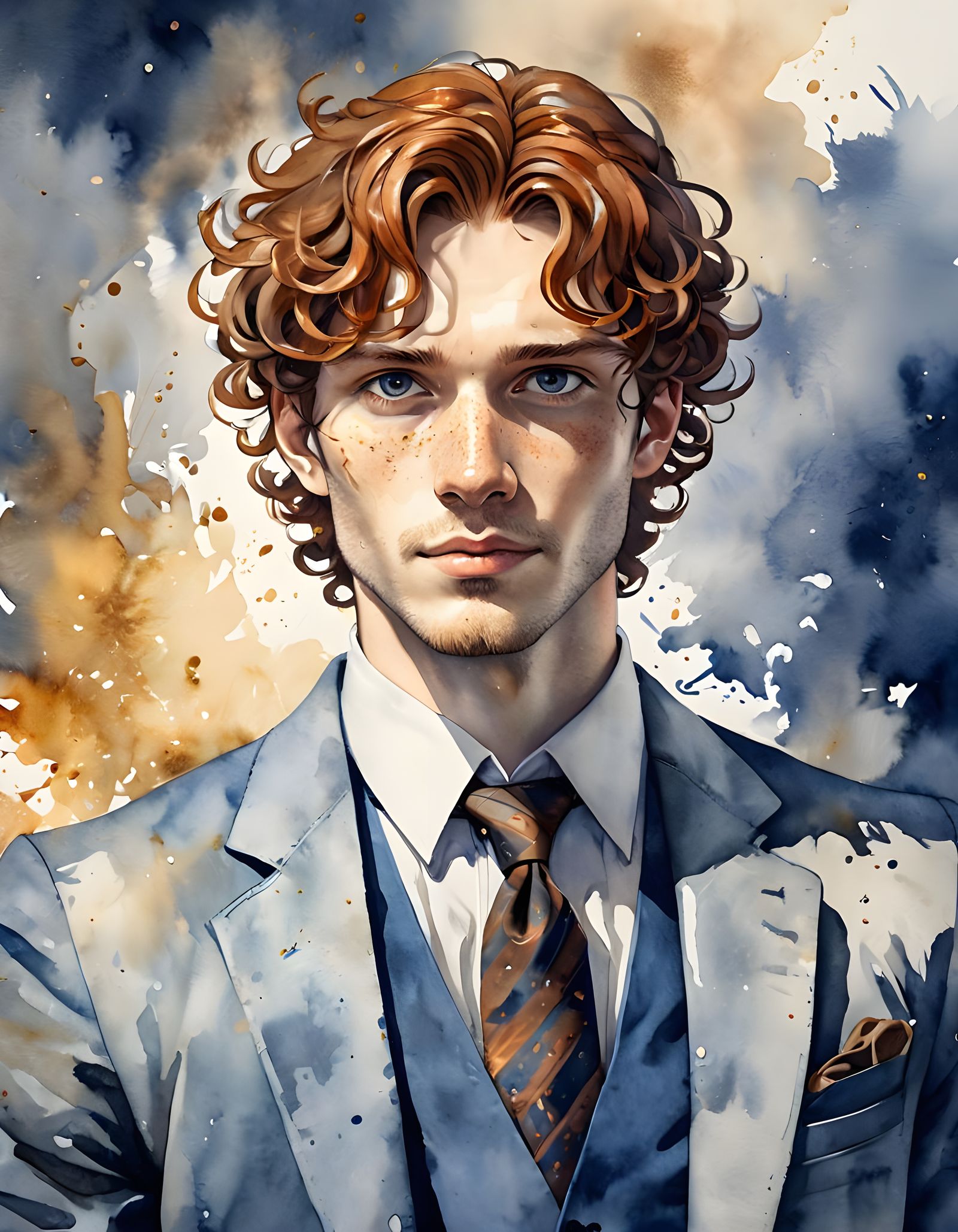 Auburn Haired Man in Indigo Suit, Watercolor Anime Style