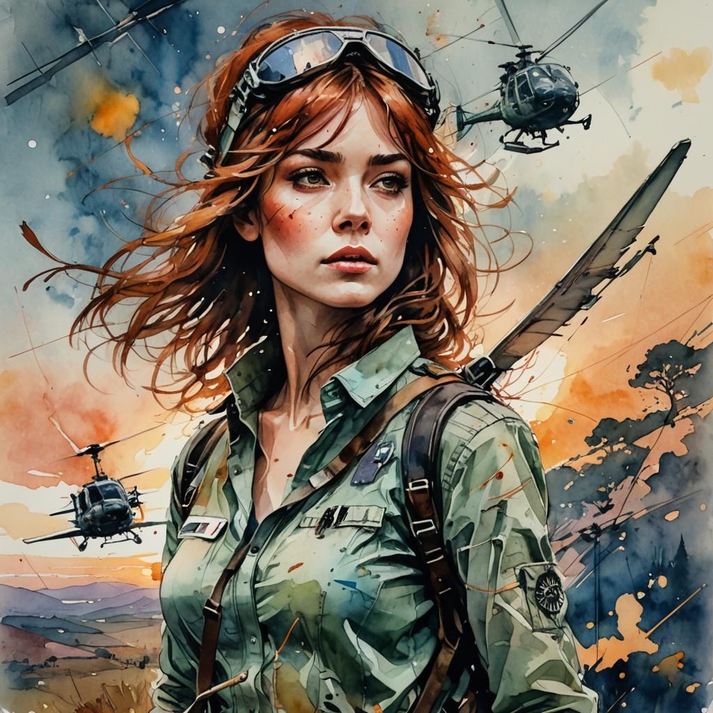 une femme rousse pilote d'hélicoptère