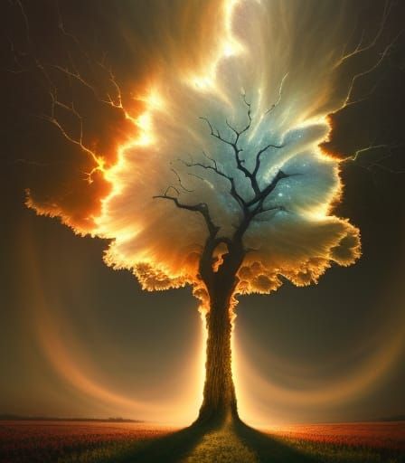 Surreal Oak Tree Portrait with Atomic Bloom