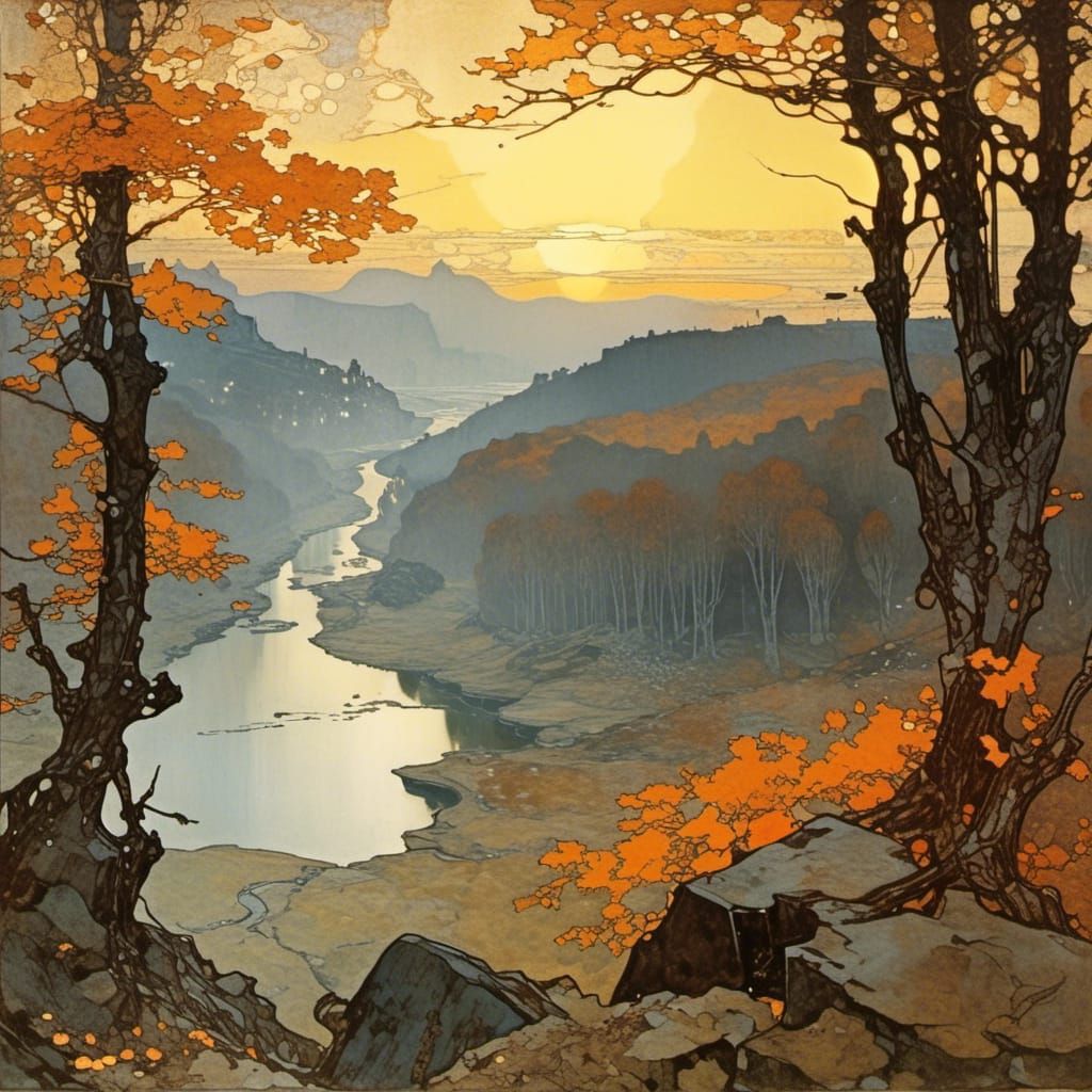 Autumn Valley Fog, in Art Nouveau Style