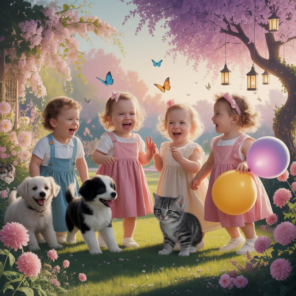 Sun-Drenched Garden: Toddlers Playing with Puppies and Kitte...