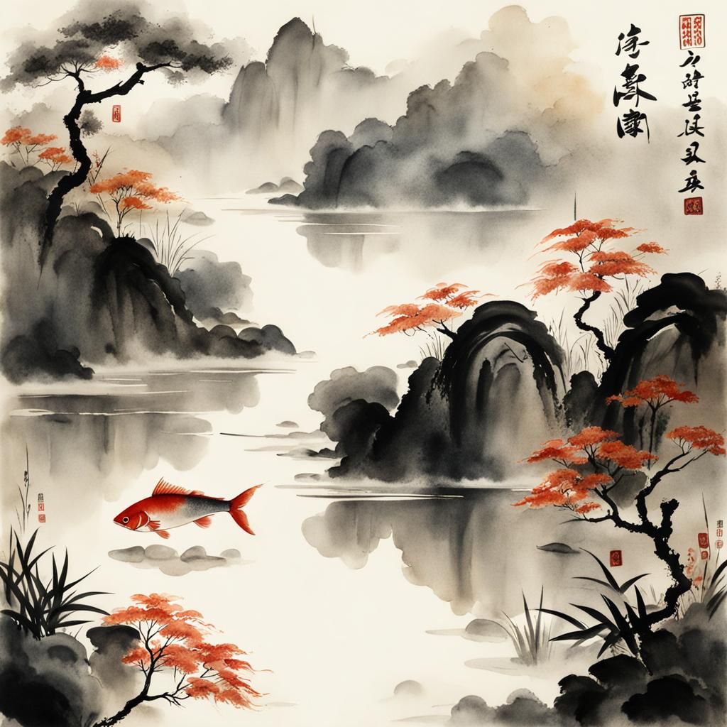 Fish in Pond: Chinese Ink Painting Style