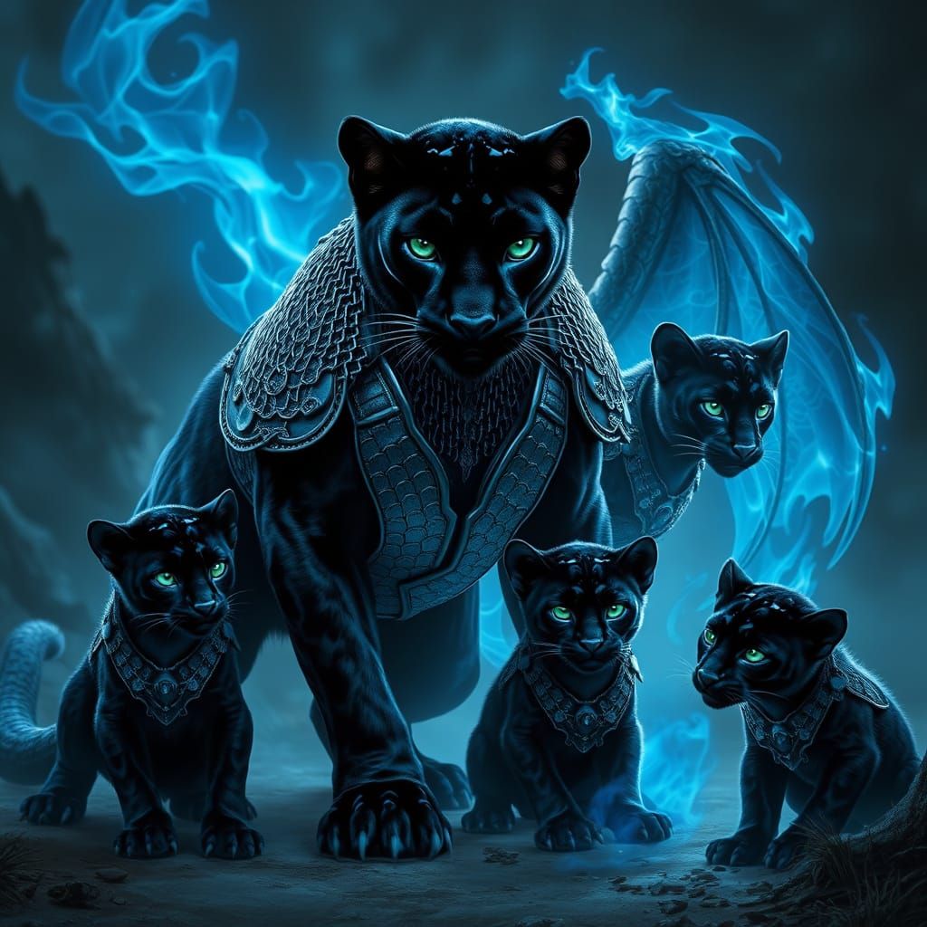 Regal Female Black Shadow Panther in Ancient Dragon Scale Ar...