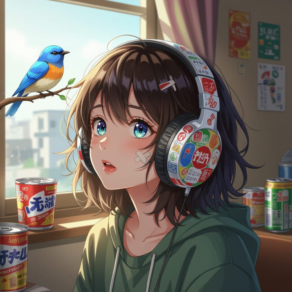 Anime Girl with Headphones and Blue Bird, Vintage Style