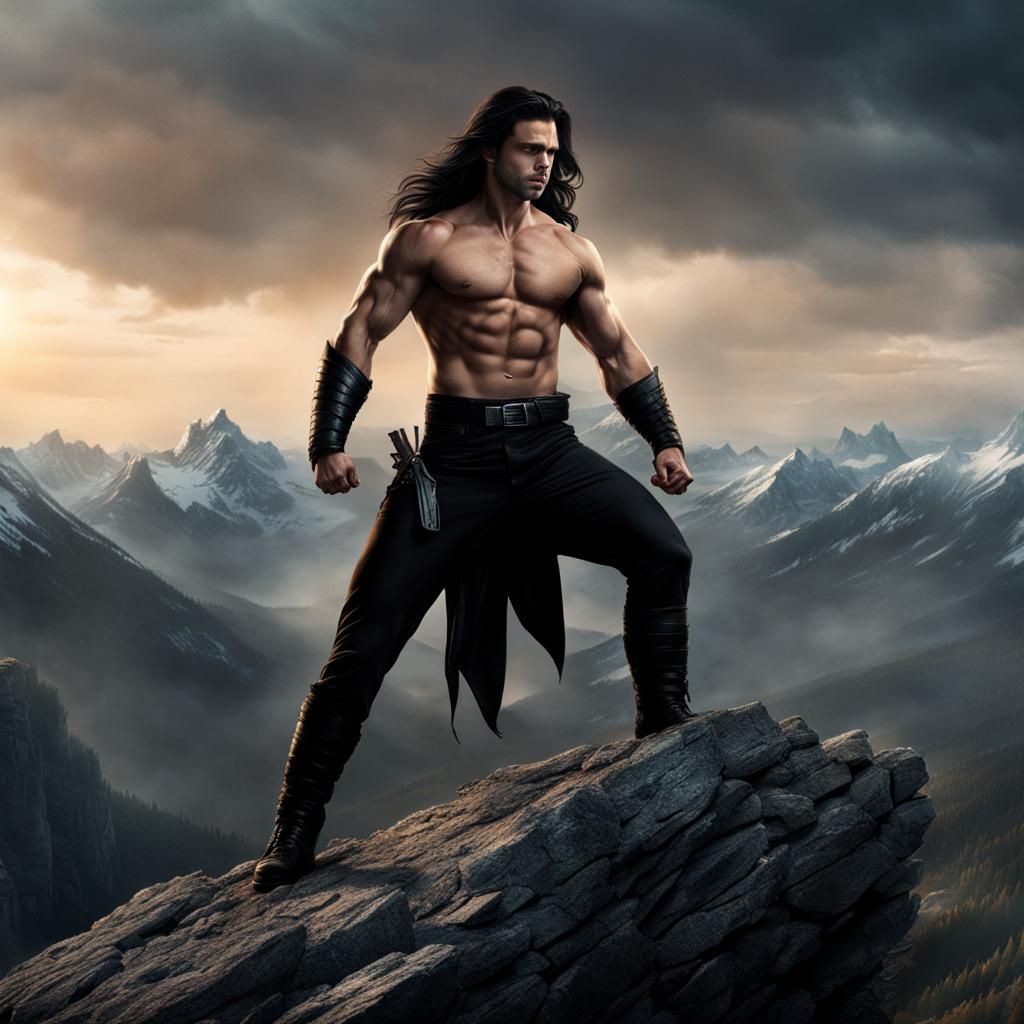 Muscular Sorcerer with Werewolf Powers on Mountain Top