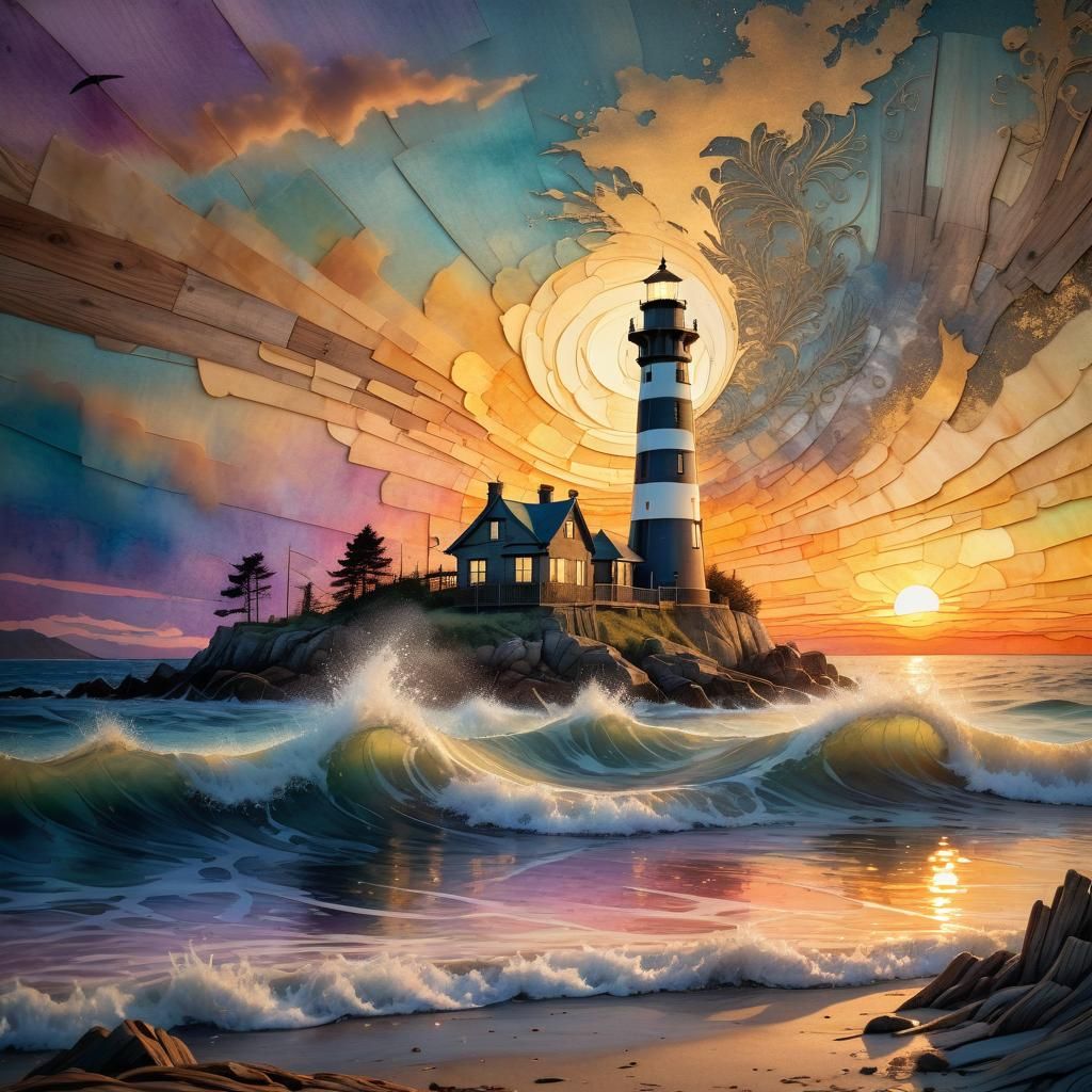 Golden Hour Lighthouse: Double Exposure in Watercolor