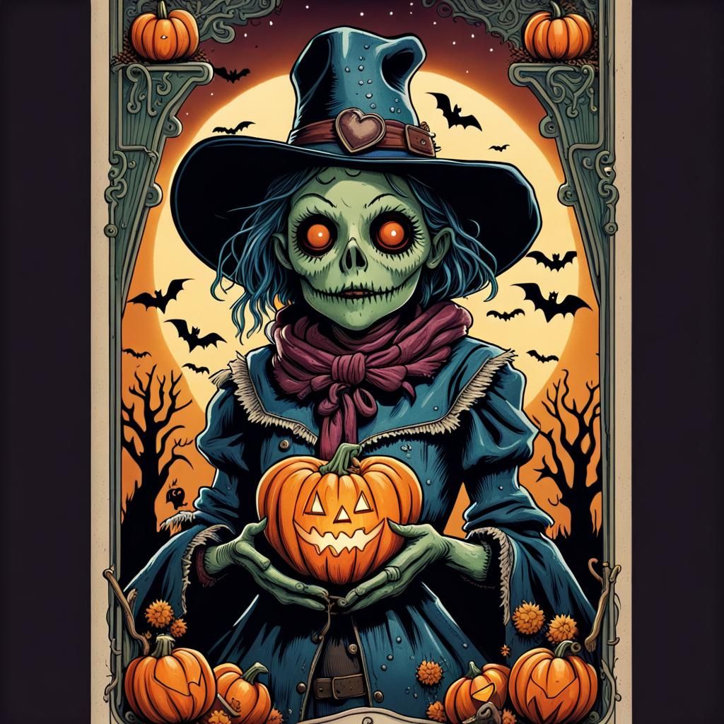 Halloween Tarot Card: Frankenstein Scarecrow Woman
