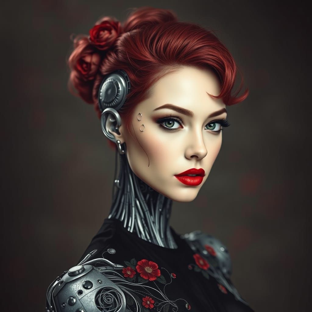 Elegant Cyborg with Floral Etchings