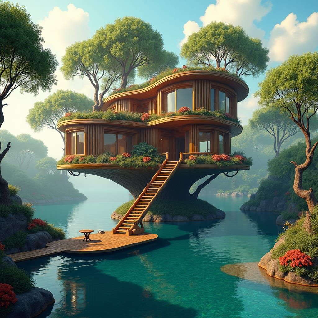 Luxury Lakeside Treehouse in 8K Matte Painting Style