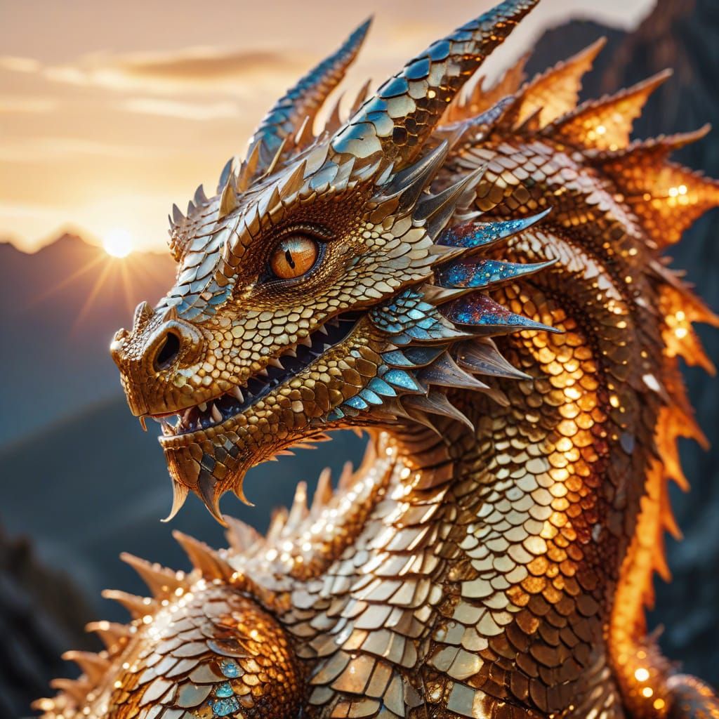 Dragon in Sequin Scales Under Golden Sunset