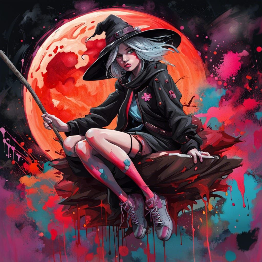Witch Flying Before Blood Moon in Graffiti Art