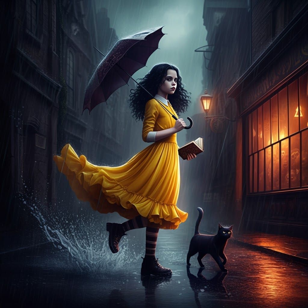 Wednesday Addams-Inspired Girl in Rainy Scene
