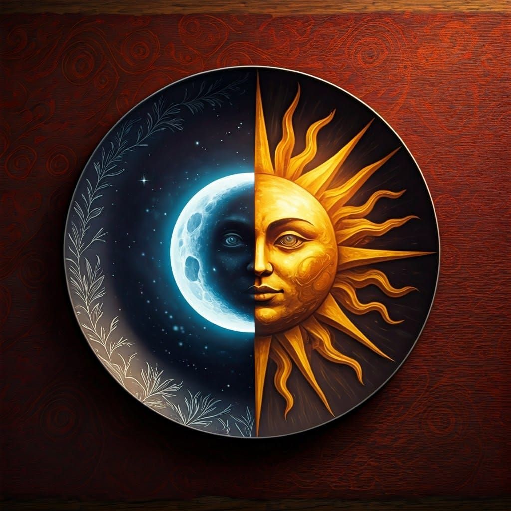 Sun and Moon Plate on Ornate Tablecloth