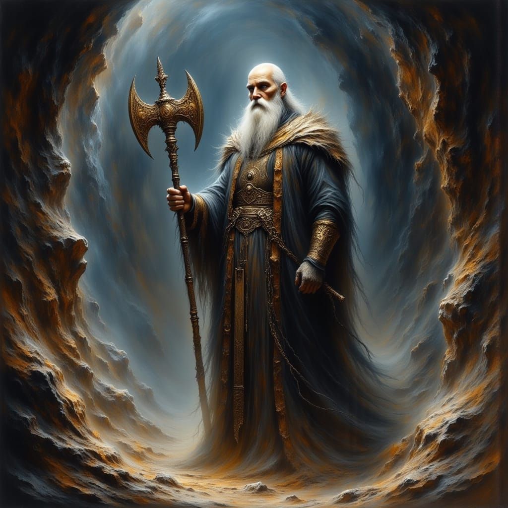 Mystical Priest in Cave with Golden Axe