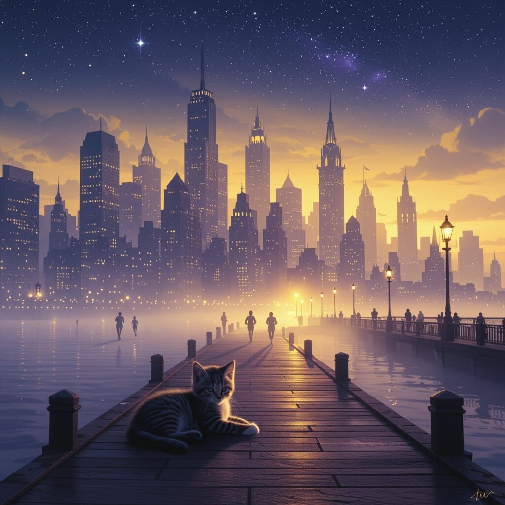 Dark Fantasy Cityscape with Fog and Kitten