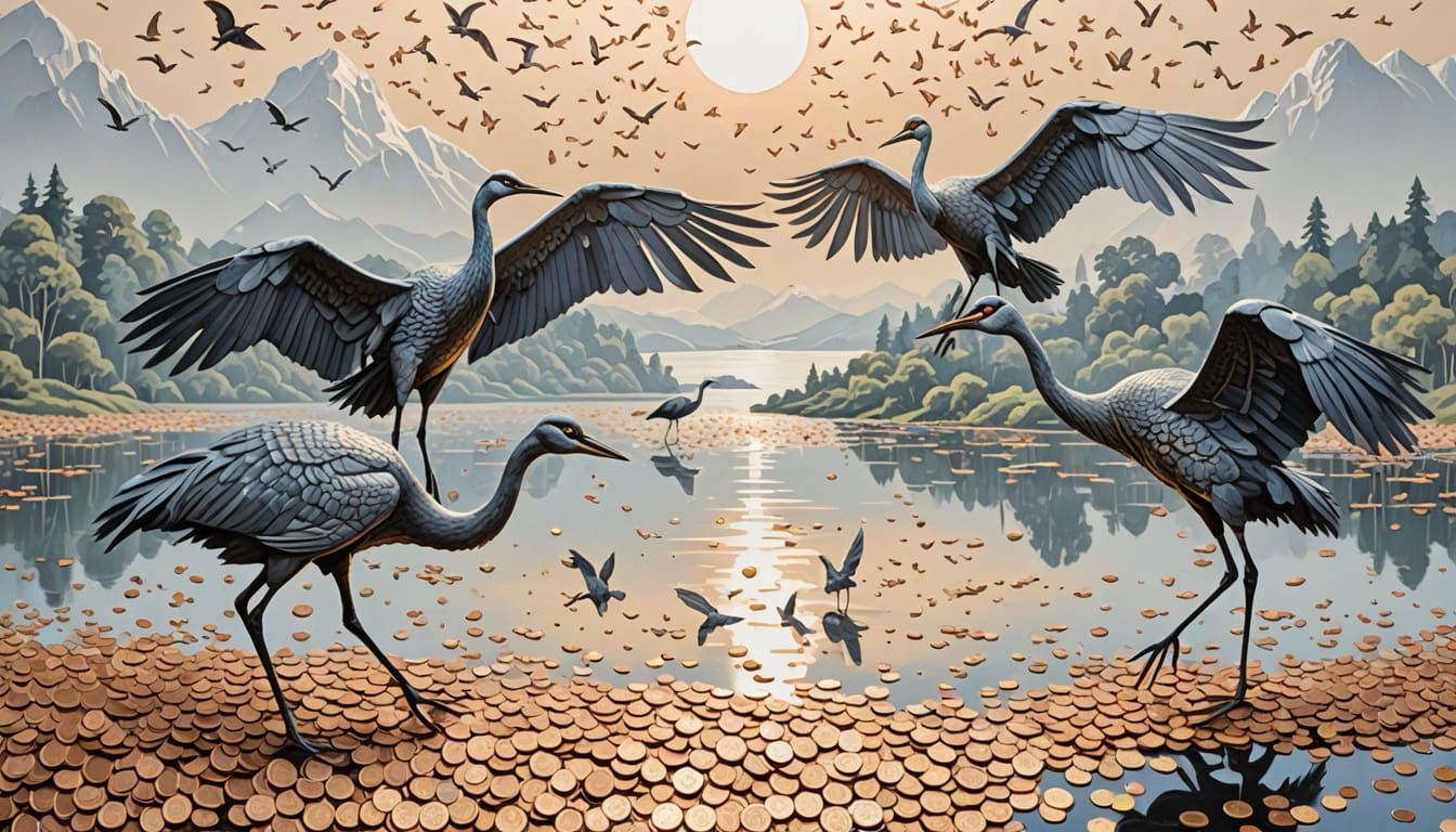 Coin Art: Cranes and Sun Made of UK Currency