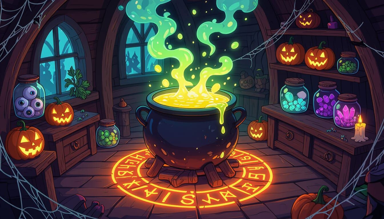 Witch's Hut Interior: Bubbling Cauldron & Magical Glow