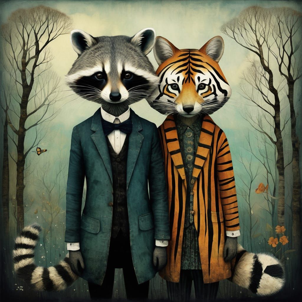 Raccoon and Tiger Friendship in Whimsical Art Style