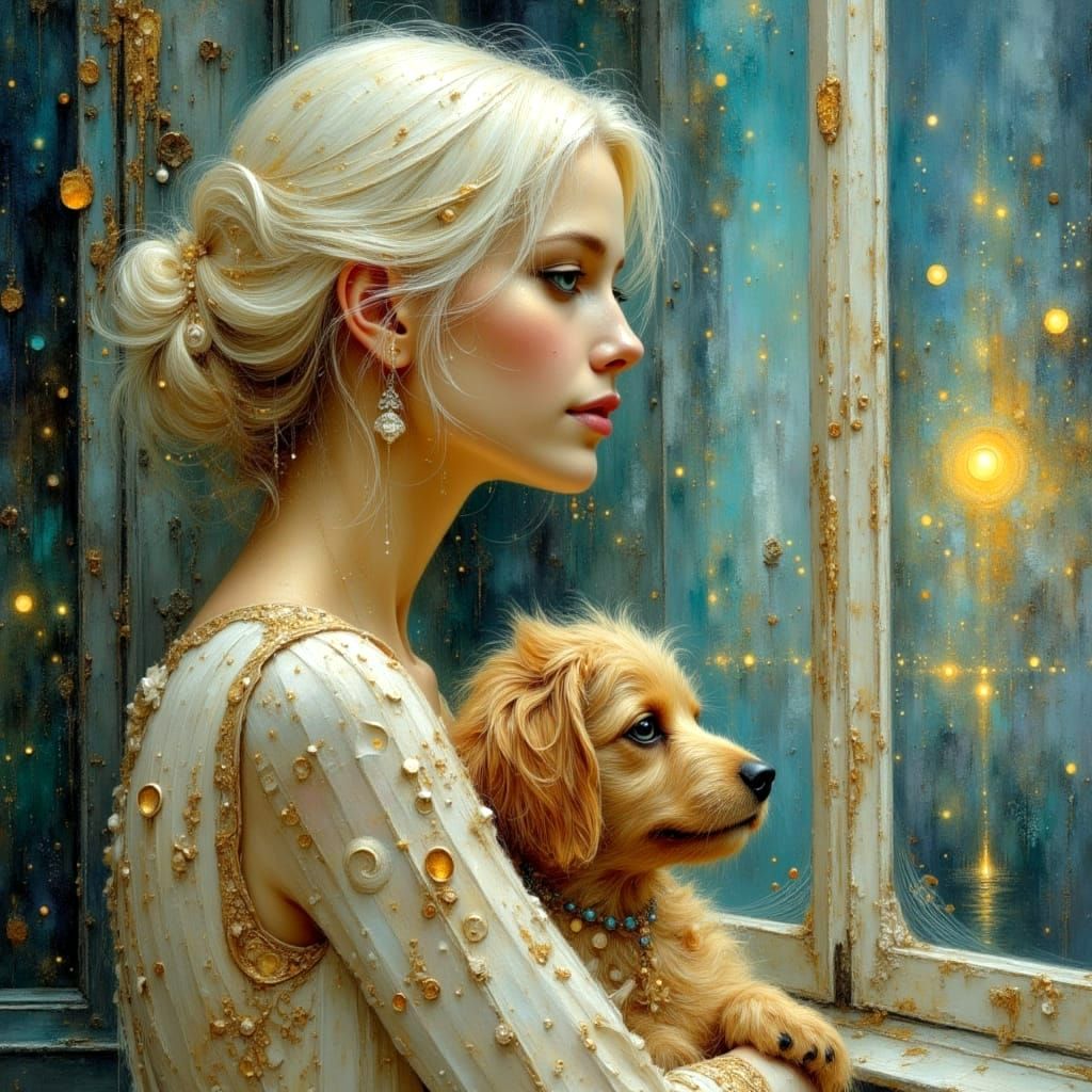 Woman with Pup in Dreamscape Cityscape, Pastel Textures