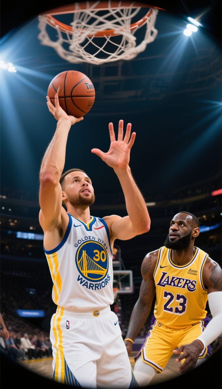 Stephen Curry Shoots 3-Pointer While LeBron James Defends