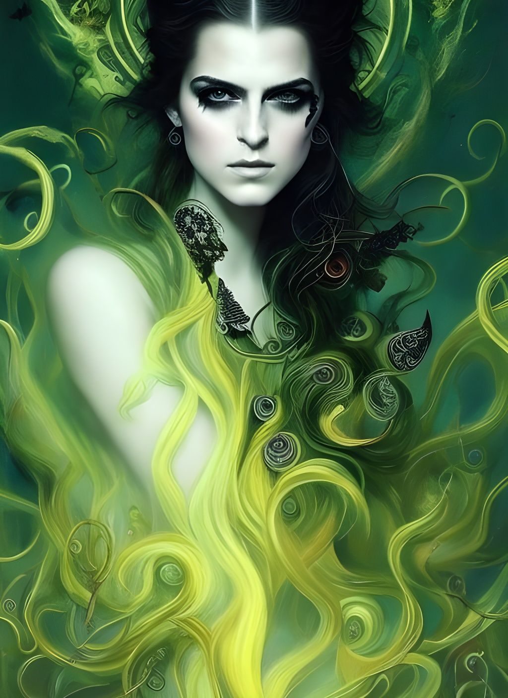 Ethereal Goth Goddess Portrait with Chartreuse Hair