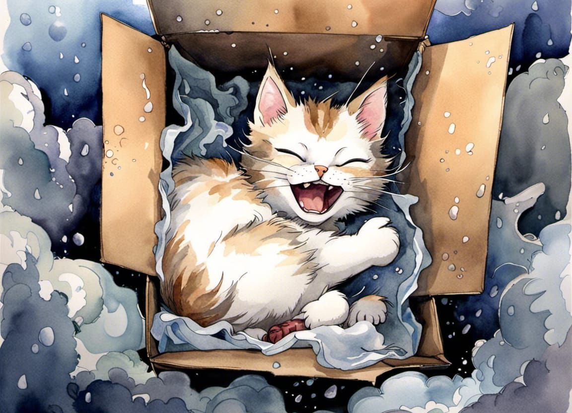 Kitten Sleeping in Cardboard Box, Watercolor Painting