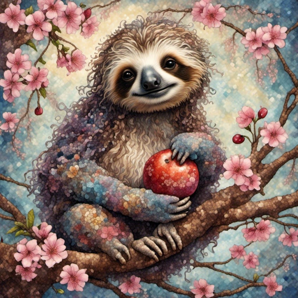 <lora:Tapestry:1.0> Sloth holding baby sloth by a beautiful ...