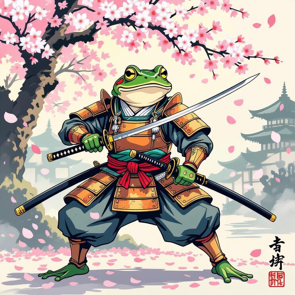 Frog Samurai with Katana Amidst Cherry Blossoms