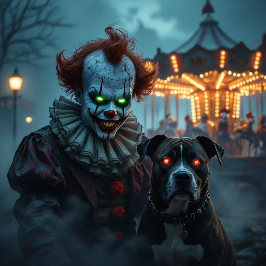 Terrifying Zombie Clown and Pit Bull in Foggy Carnival