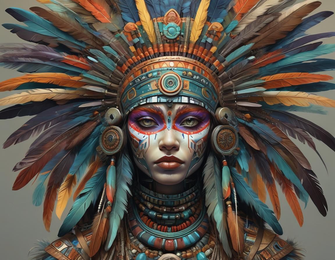 Alien Portrait with Kachina Headdress in Digital Art Style