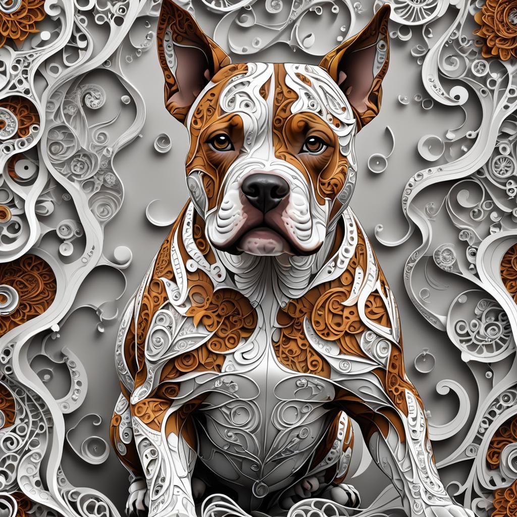 White Pitbull with Brown Spots in Abstract Style