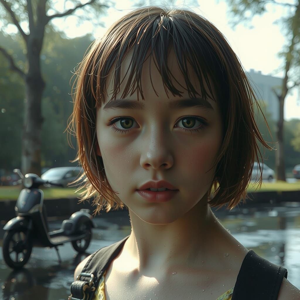Rain-Soaked Girl in Park: Photorealistic Summer Portrait