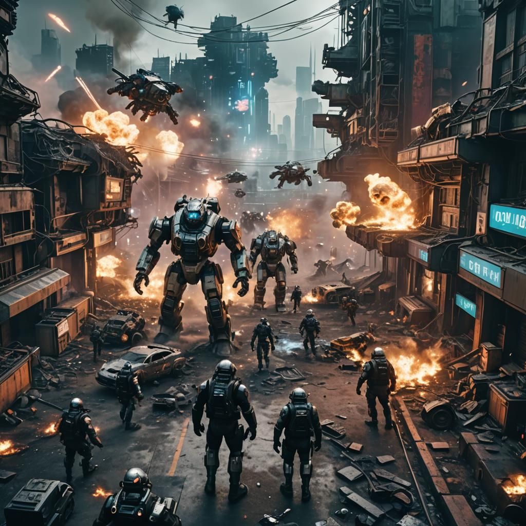 Cyberpunk War Scene: German and Allied Forces Clash