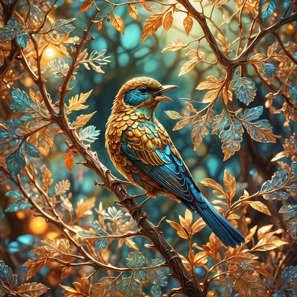 Iridescent Bird on Branch: Digital Art