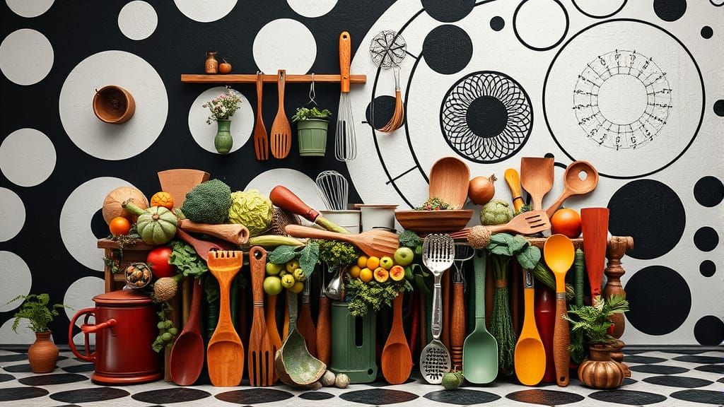 Surreal Kitchen Tool Furniture with Micro Vegetables in Blac...