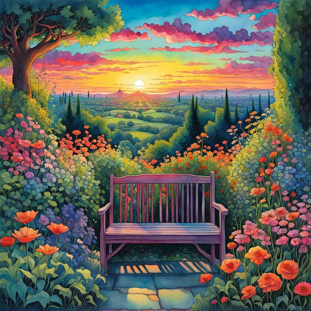 Lush Garden in Digital Watercolor Illustration