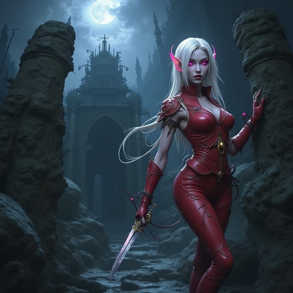 Drow Elf Lost in Forgotten City, Armed with Dagger