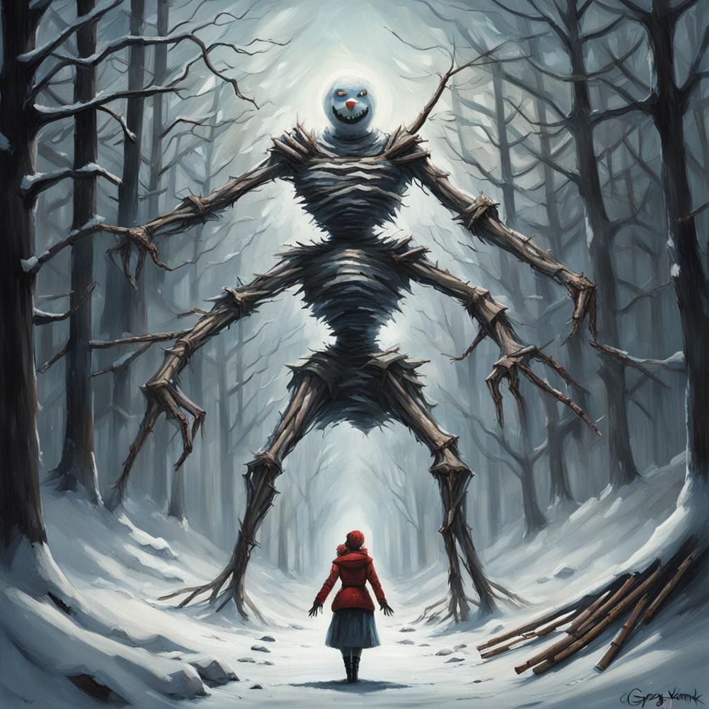 Creepy Snowman Holding Woman: Sinister Art