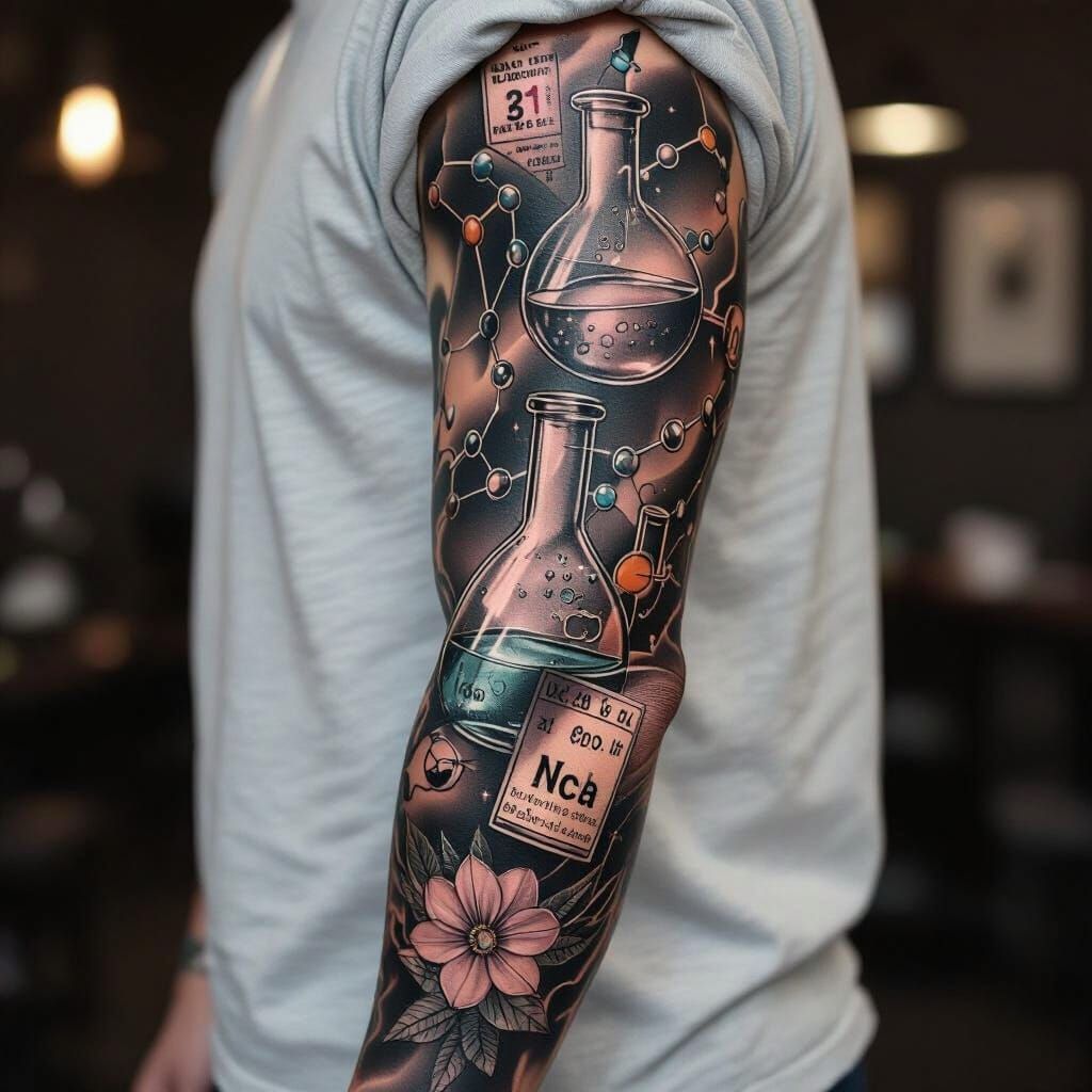 Chemistry Teacher's Tattoo Sleeve: Black, Grey, and Color Ac...