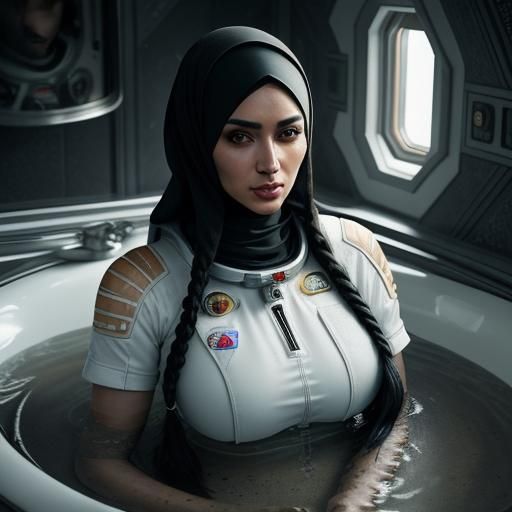 Gorgeous Hijab Woman as Astronaut in Bath