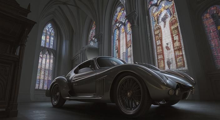 Supercar Parked at Historic Church, Hyperrealistic Image