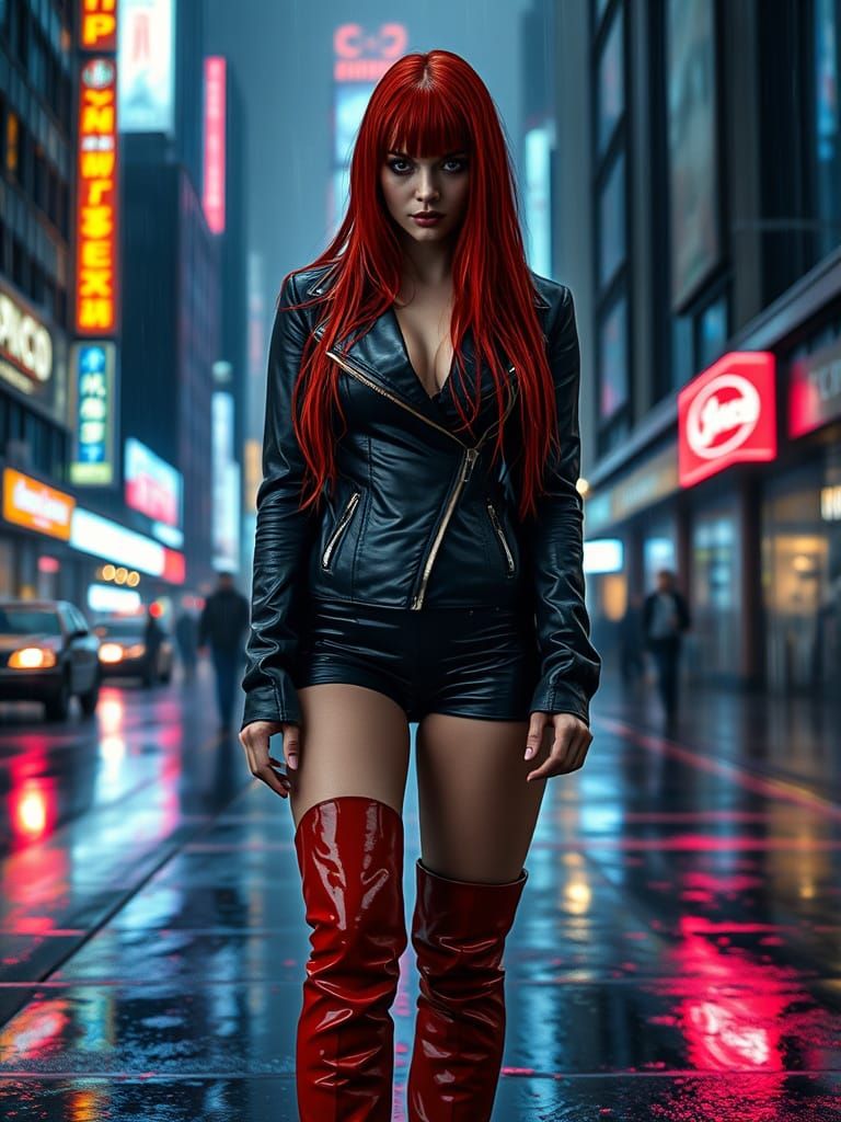 Redhead in Cyberpunk City with Neon Reflections