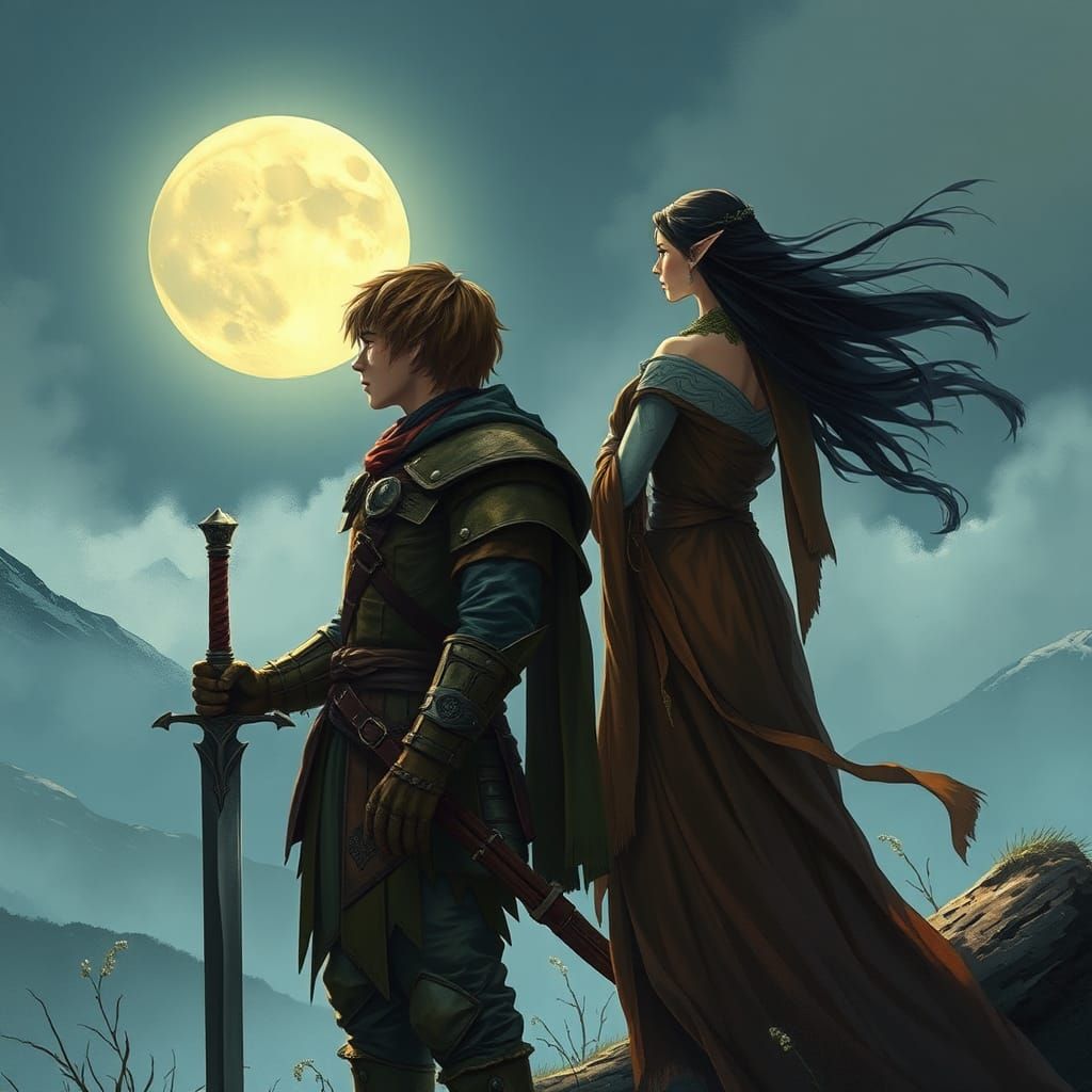 Fantasy Characters in Misty Landscape, Ethereal Illustration