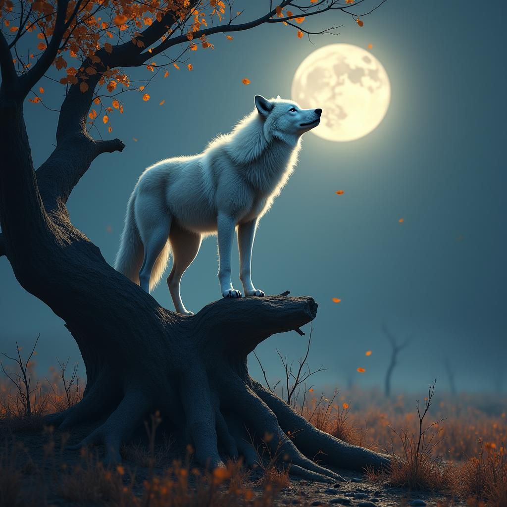 Grief-Stricken White Wolf Howling at Harvest Moon