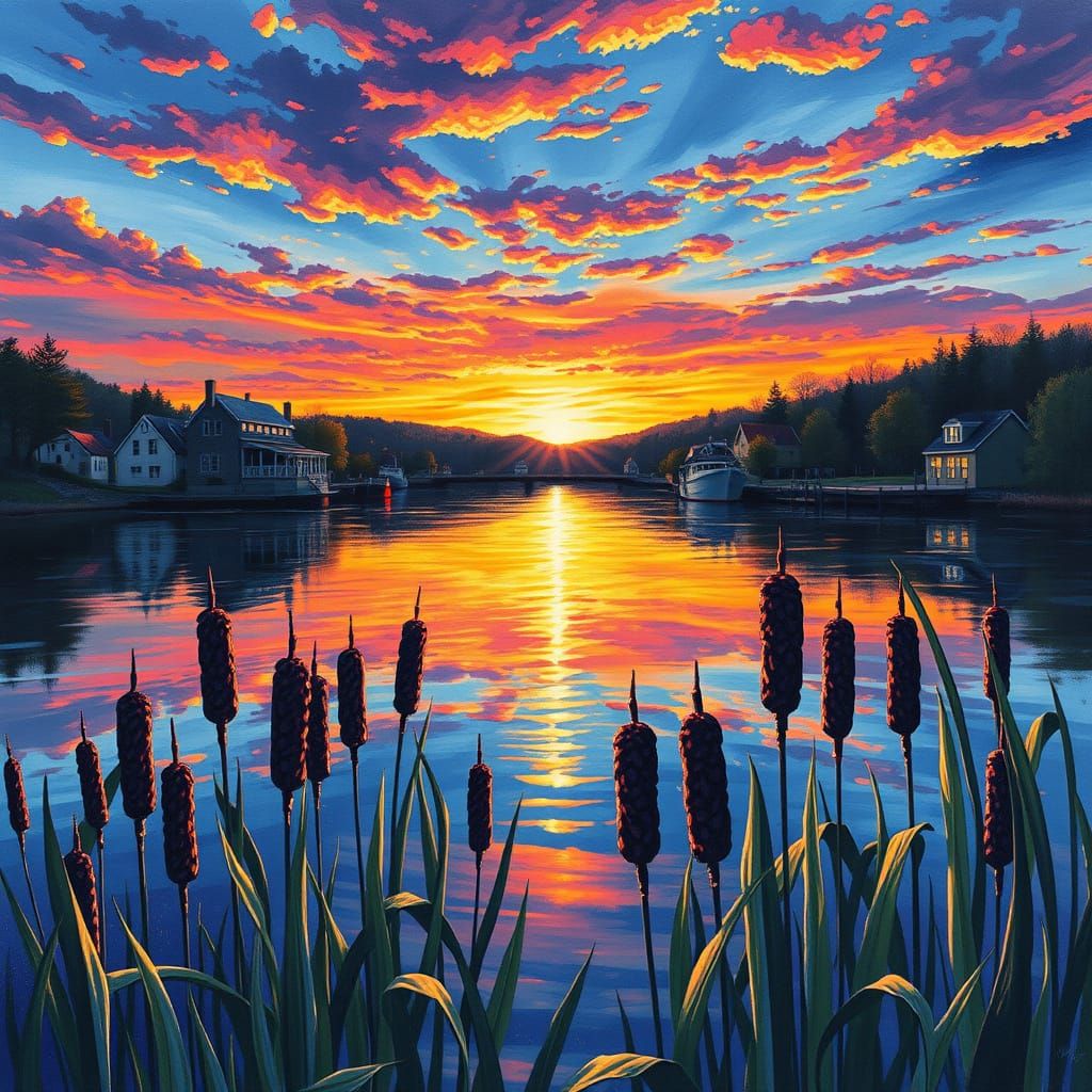 Sunset on Serene Lake in Aquarelle Graffiti Style