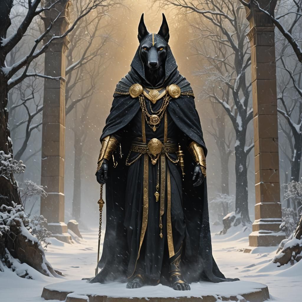 Anubis in Snowy Landscape, Dark Fantasy Style