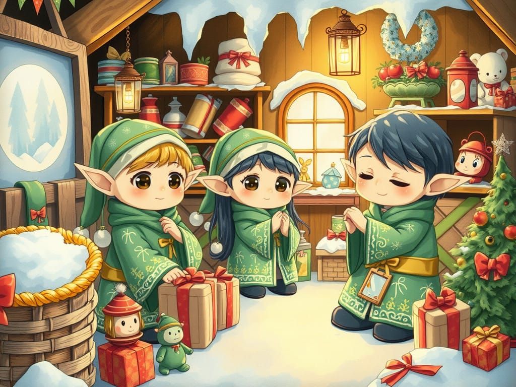 Whimsical Chibi Elves in Cozy Christmas Workshop